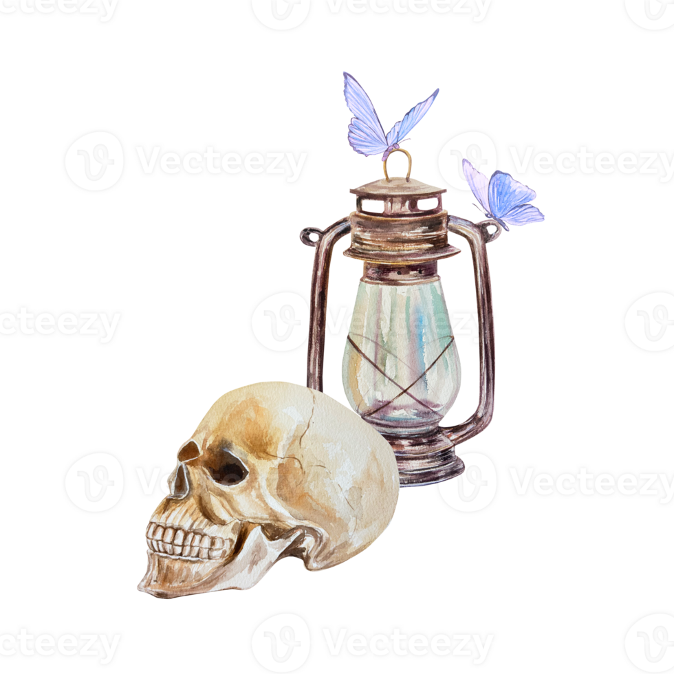 Lamp, antique with blue moths, skull in profile. Hand drawn watercolor illustration. For cards, invitations, banners, flyers, covers, posters. png