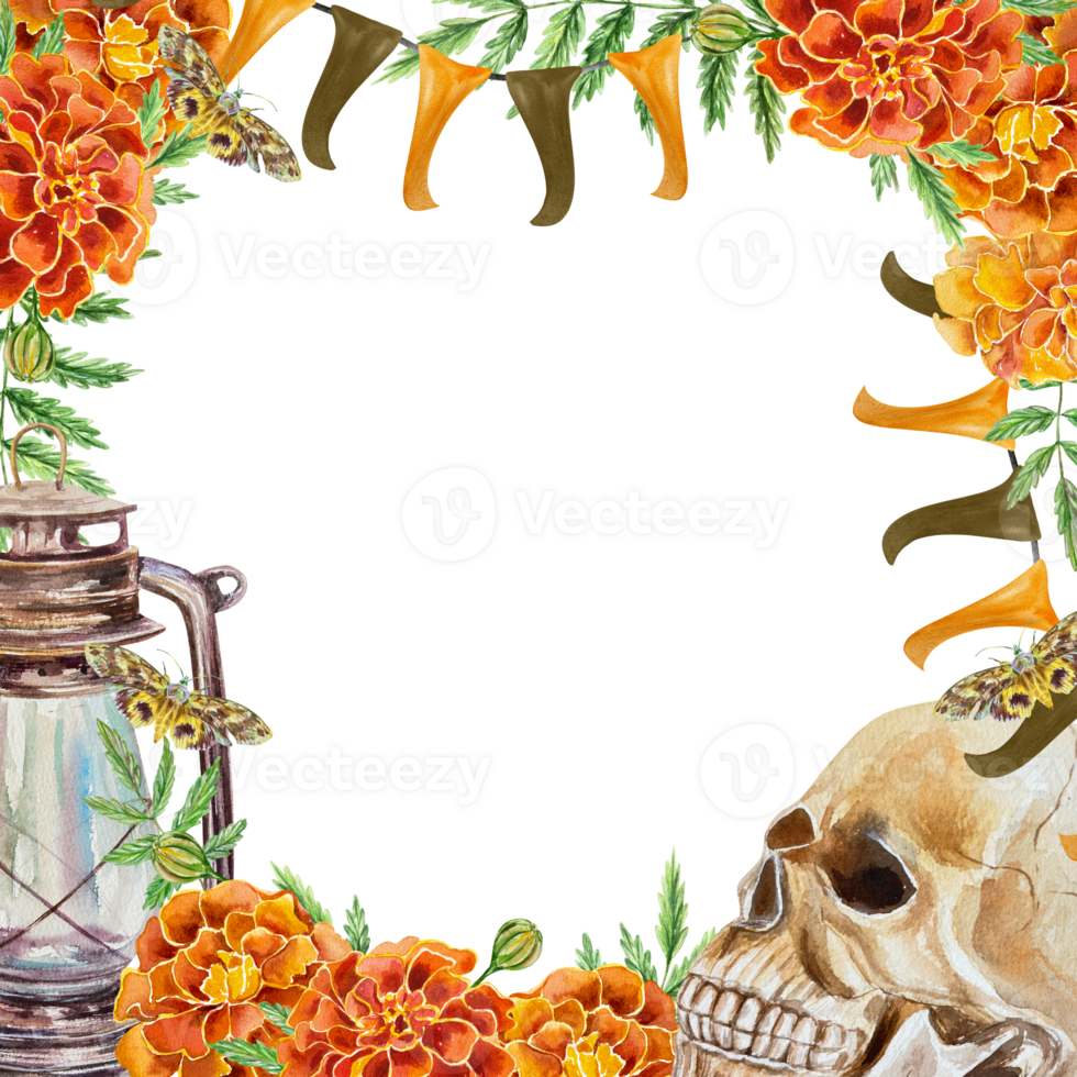 Halloween frame with skull, lamp, marigold flowers, flags. Hand drawn watercolor illustration. For Day of the Dead cards, invitations, banners, flyers, covers. png