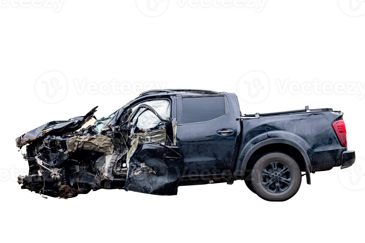 Car crash, Side view of new black pickup car get damaged by accident on the road. damaged cars after collision. isolated on transparent background, car crash bumper, File png