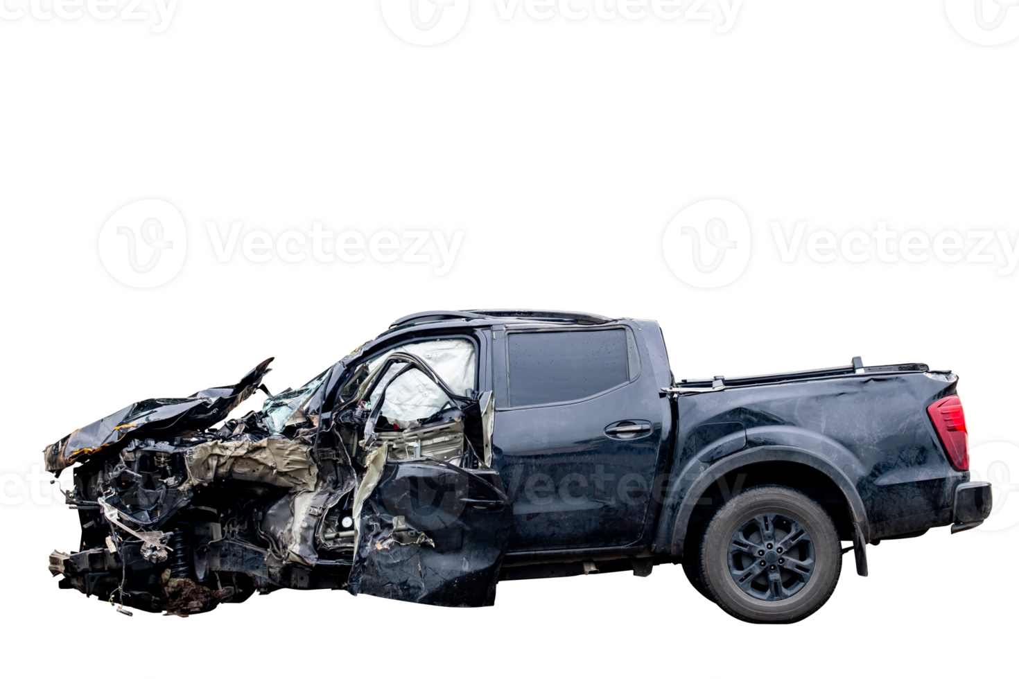 Car crash, Side view of new black pickup car get damaged by accident on the road. damaged cars after collision. isolated on transparent background, car crash bumper, File png