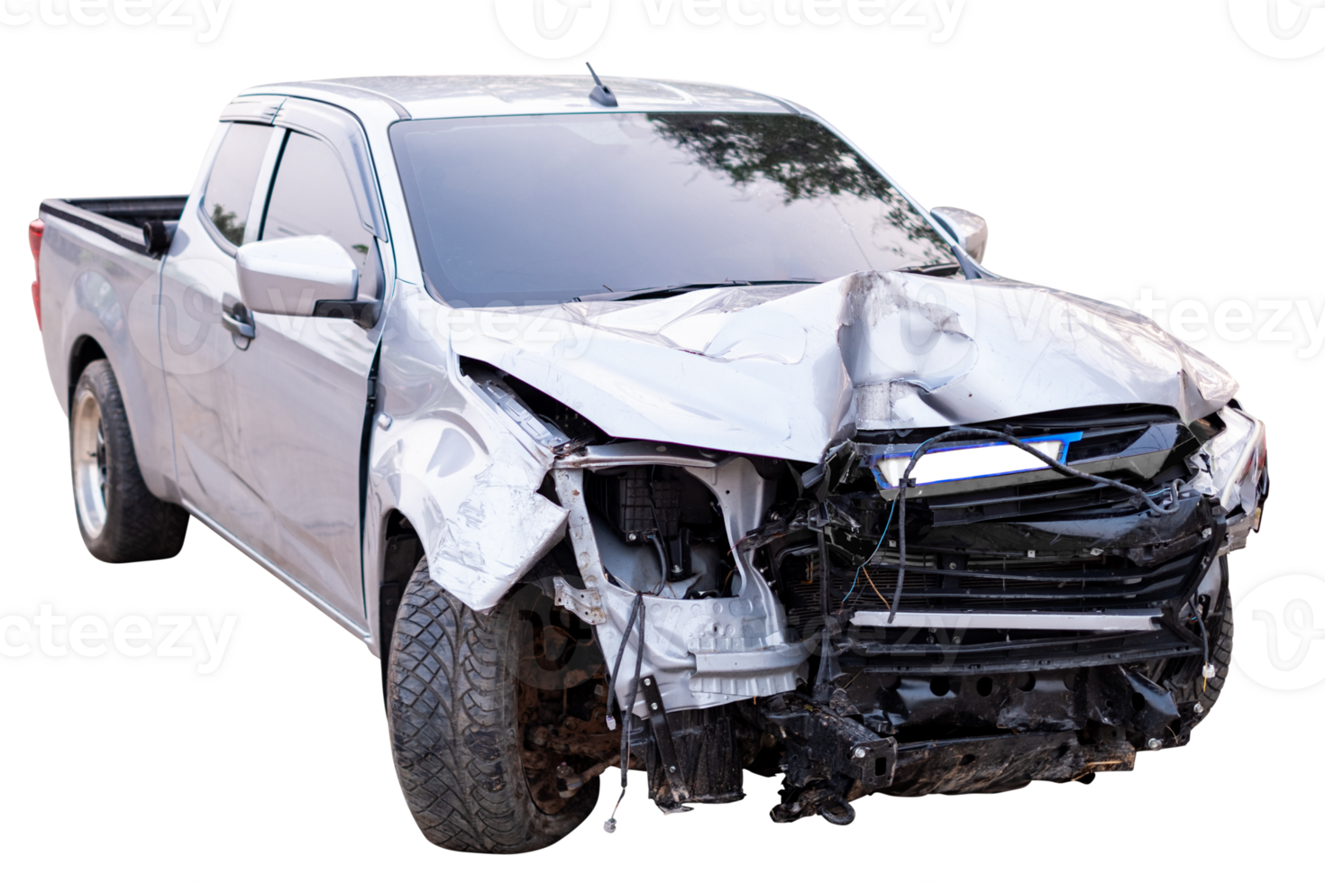Front of gray or bronze pickup car get damaged by accident on the road. damaged cars after collision. isolated on transparent background, File png