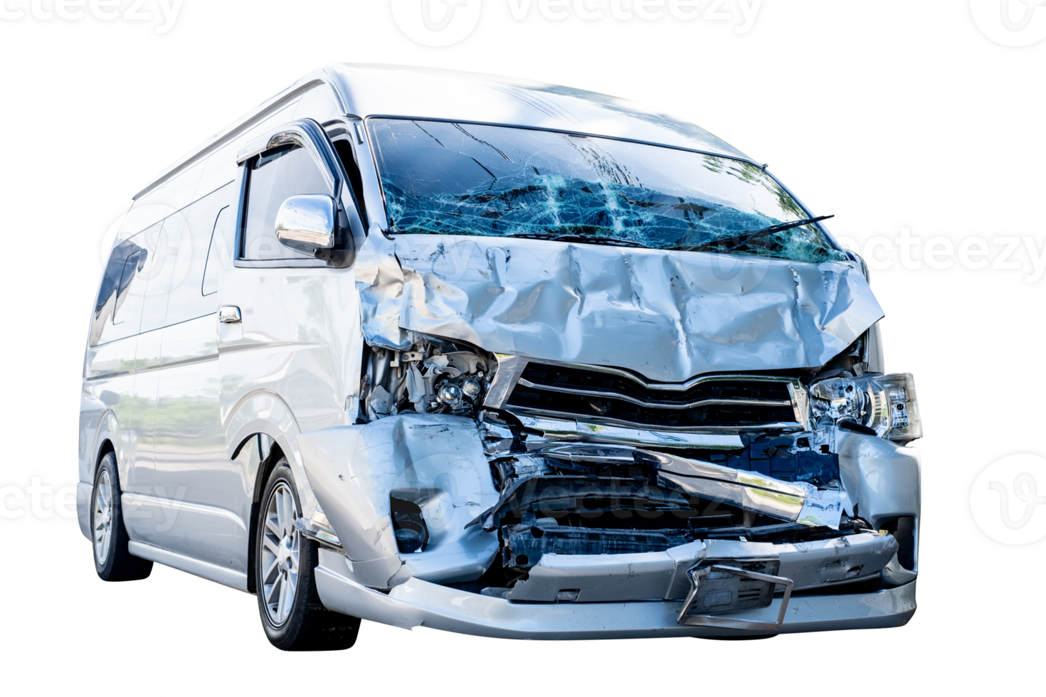 Front of white van car get damaged by accident on the road. damaged cars after collision. isolated on transparent background, car crash bumper, File png