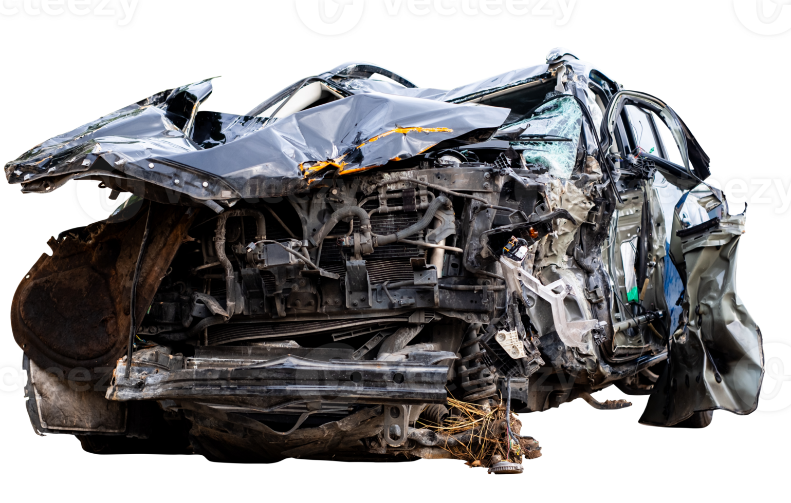 Car crash, Side view of new black pickup car get damaged by accident on the road. damaged cars after collision. isolated on transparent background, car crash bumper, File png