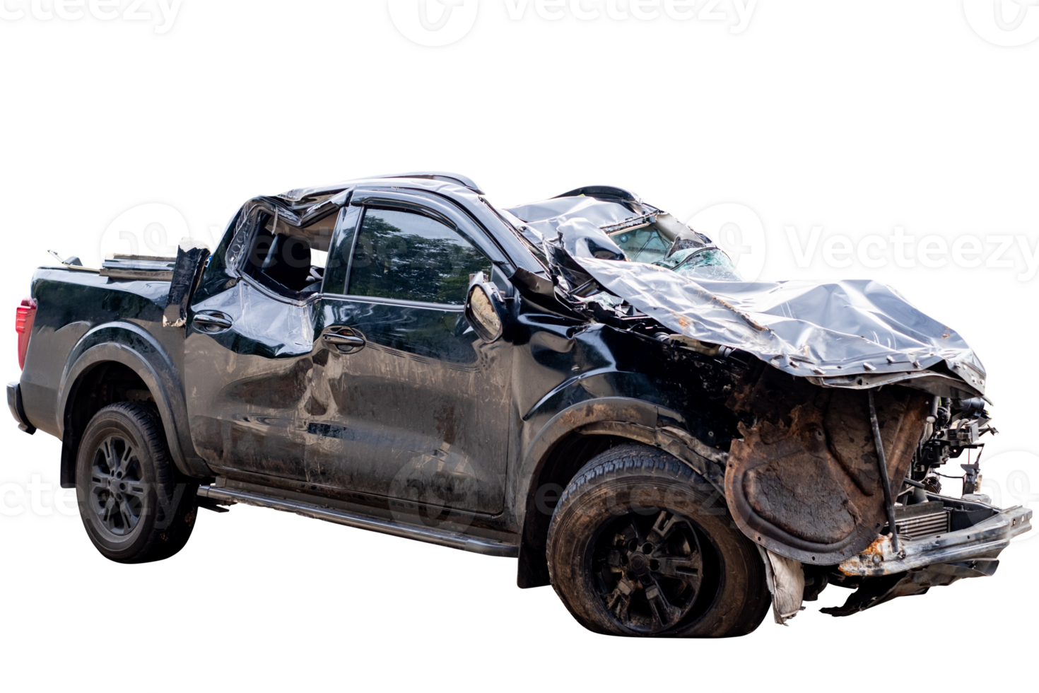 Car crash, Front and Side view of new black pickup car get damaged by accident on the road. damaged cars after collision. isolated on transparent background, car crash bumper, File png