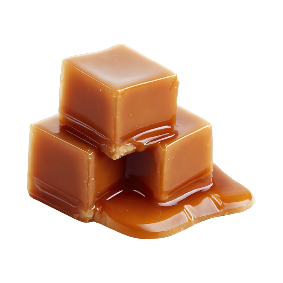 Three sweet caramel candy cubes on Transparent background png