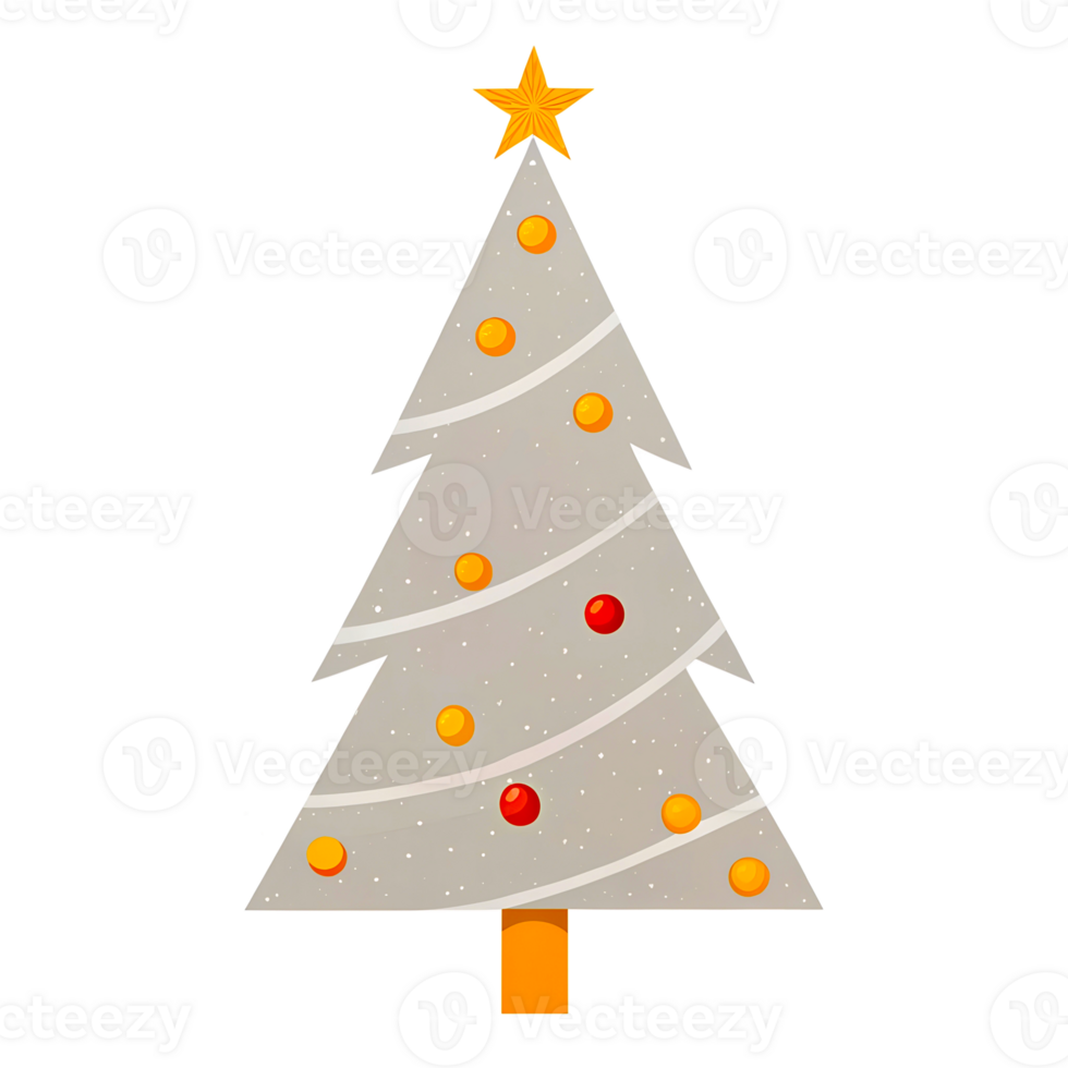 The tree is decorated with stripes and has a snow-covered top, on a transparent background png