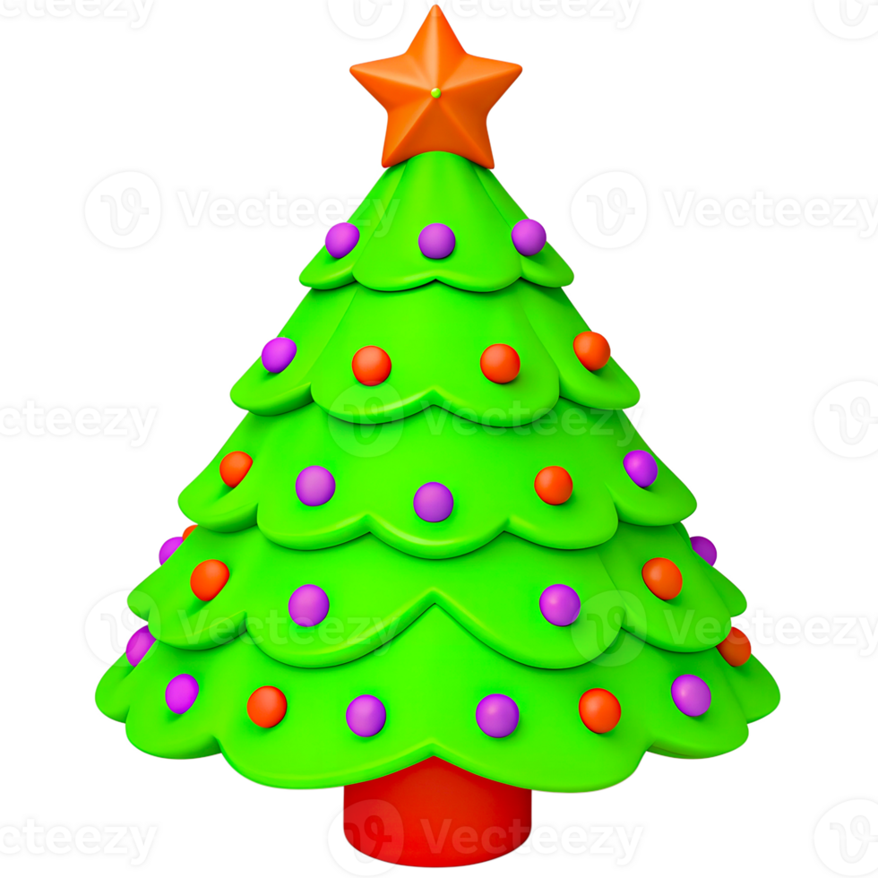 A green 3D Christmas tree with a star on top. The Christmas tree is decorated with balloons and creates a festive and joyful Christmas mood, on a transparent background png