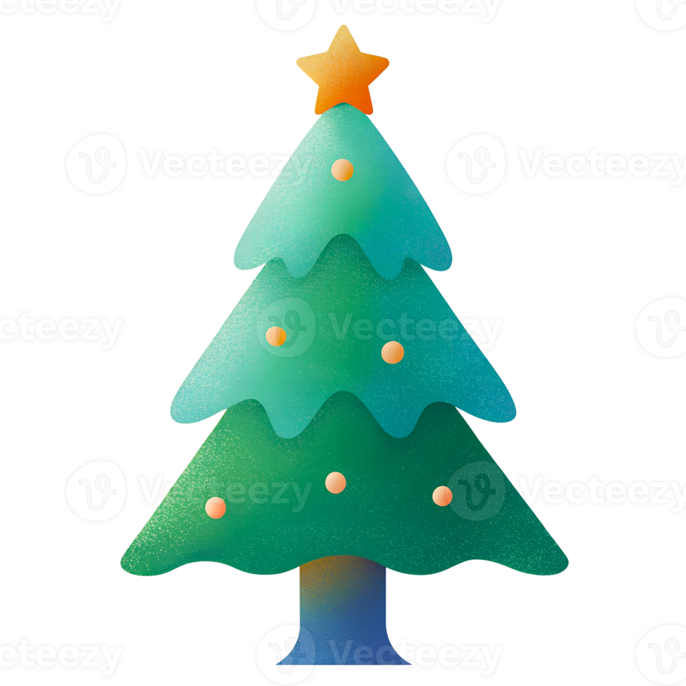 Green Christmas tree with a star on top. The tree is decorated and ready for the holidays, on a transparent background png