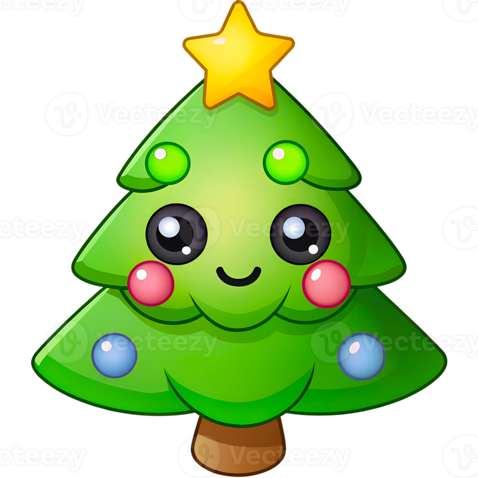 Cartoon green Christmas tree with a star on top and a smiling face. The Christmas tree is decorated with many bright decorations, on a transparent background png