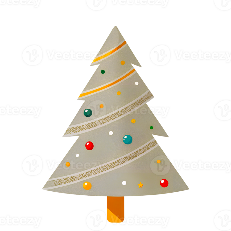 The tree is decorated with stripes and has a snow-covered top, on a transparent background png