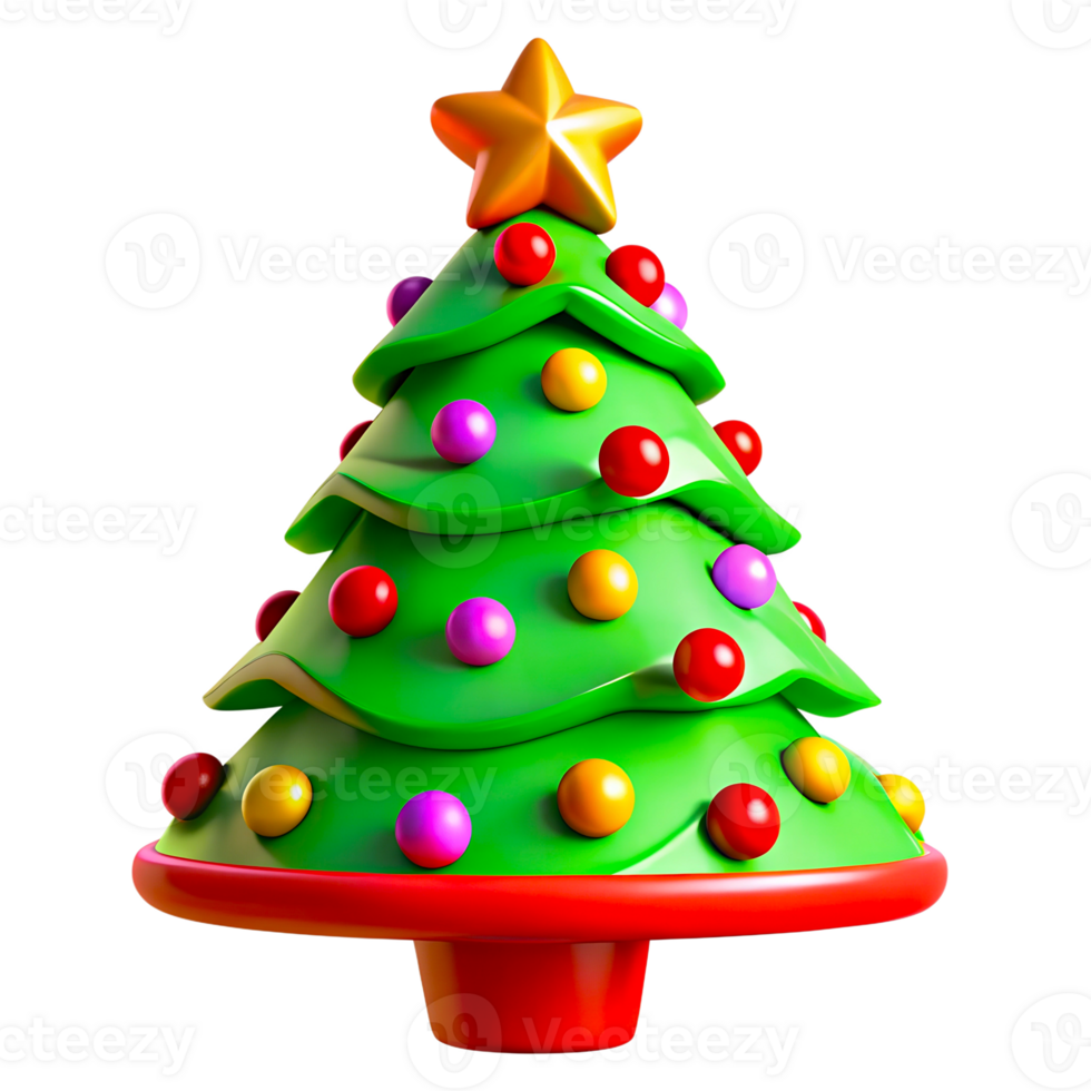 A green 3D Christmas tree with a star on top. The Christmas tree is decorated with balloons and creates a festive and joyful Christmas mood, on a transparent background png