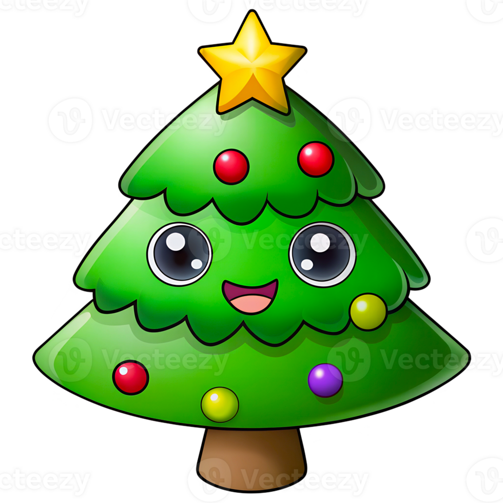 Cartoon green Christmas tree with a star on top and a smiling face. The Christmas tree is decorated with many bright decorations, on a transparent background png