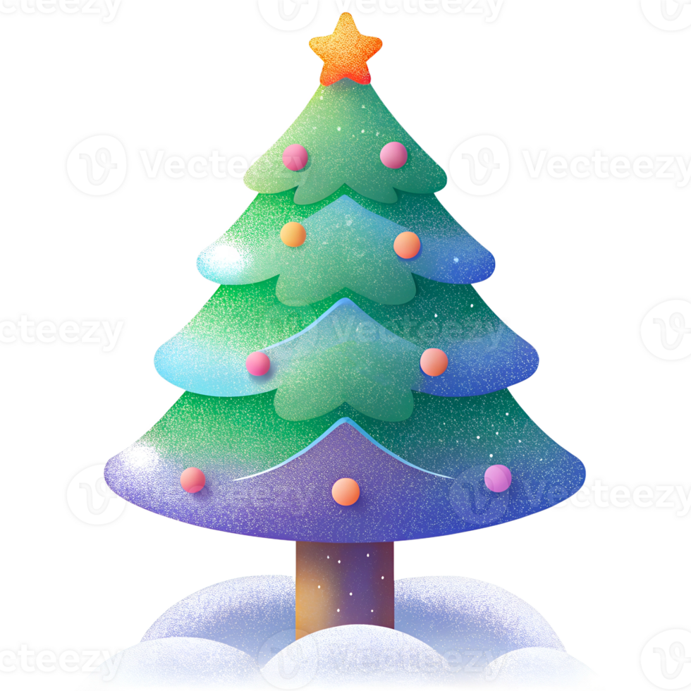 Green Christmas tree with a star on top. The tree is decorated and ready for the holidays, on a transparent background png