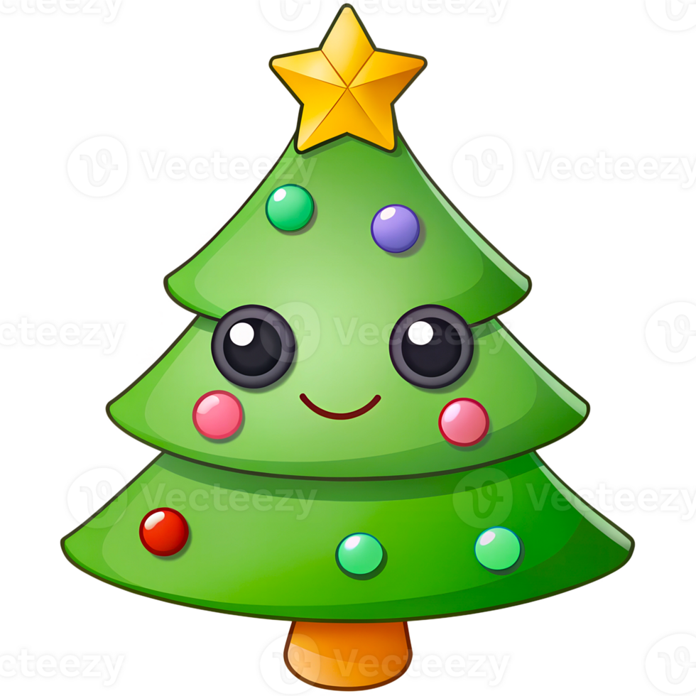 Cartoon green Christmas tree with a star on top and a smiling face. The Christmas tree is decorated with many bright decorations, on a transparent background png