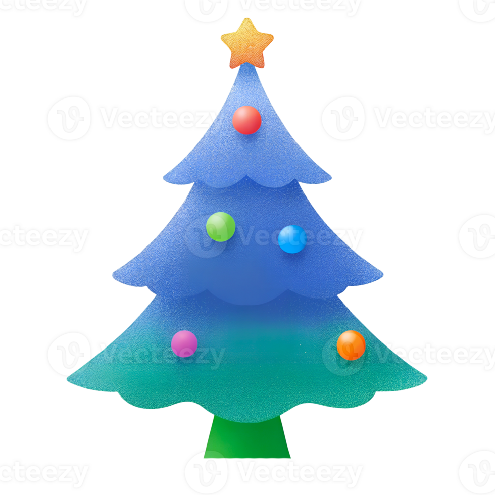 Green Christmas tree with a star on top. The tree is decorated and ready for the holidays, on a transparent background png