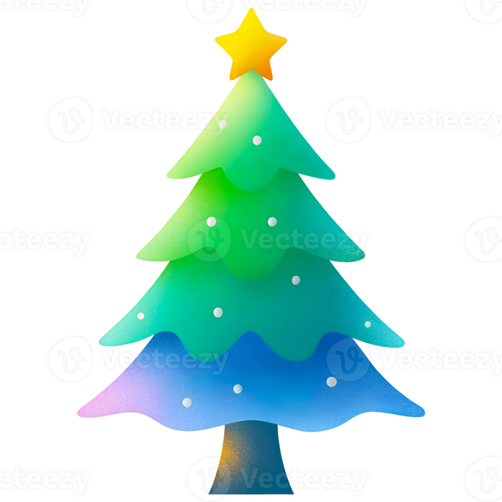 Green Christmas tree with a star on top. The tree is decorated and ready for the holidays, on a transparent background png