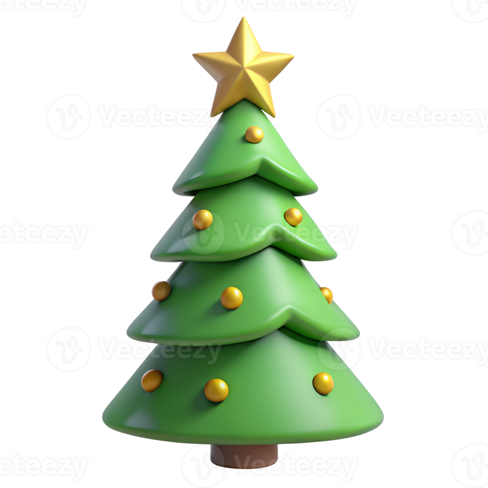 A green 3D Christmas tree with a star on top. The Christmas tree is decorated with balloons and creates a festive and joyful Christmas mood png