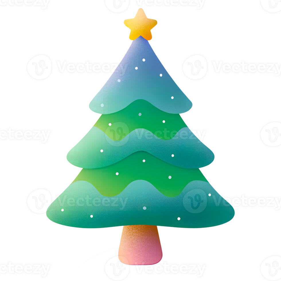Green Christmas tree with a star on top. The tree is decorated and ready for the holidays, on a transparent background png