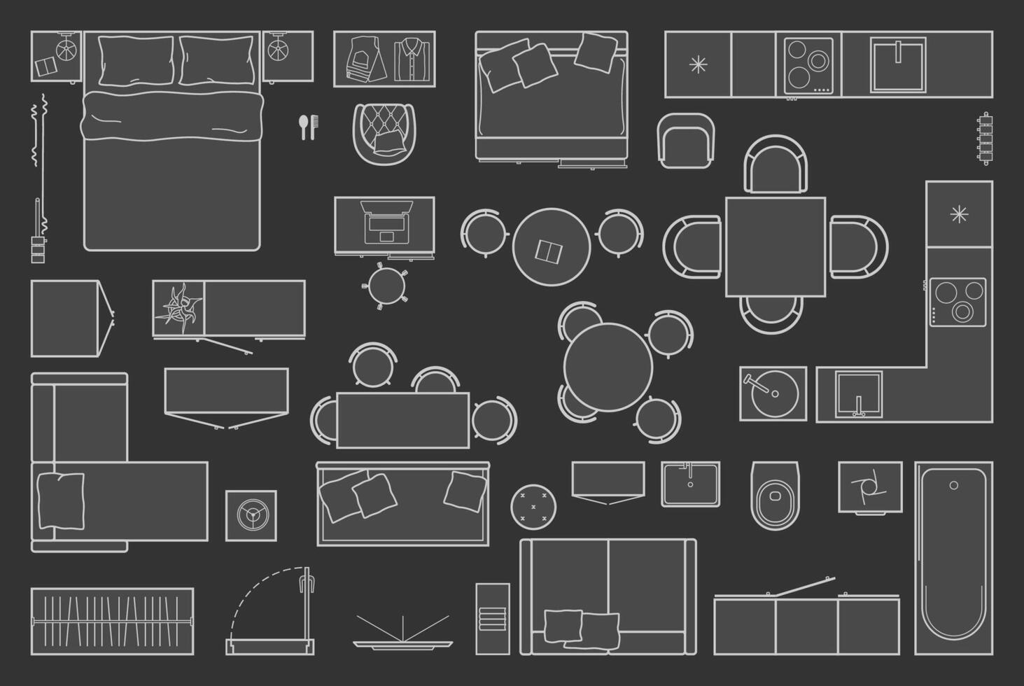 Floor plan icons set for design interior and architectural project. Furniture thin line icon in top view for layout. vector