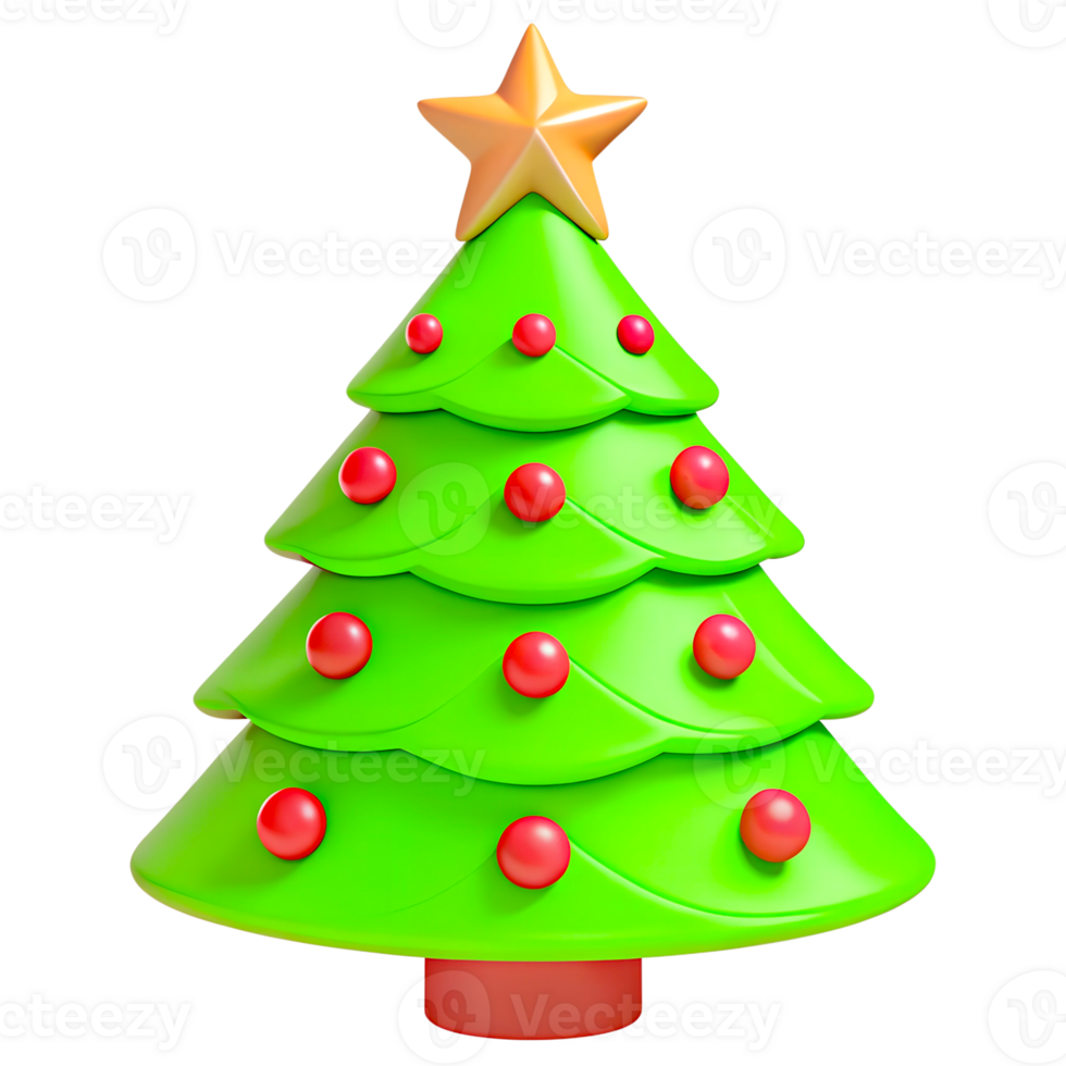 A green 3D Christmas tree with a star on top. The Christmas tree is decorated with balloons and creates a festive and joyful Christmas mood, on a transparent background png