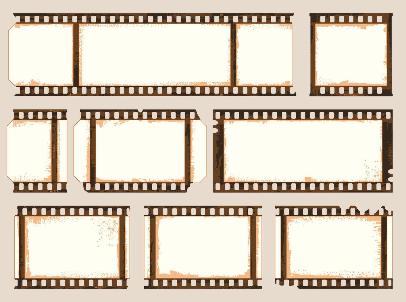 Grunge film strip border frame. Camera roll vintage design. Photo album, place for negative pictures with grunge sepia effect. Retro scratched background vector