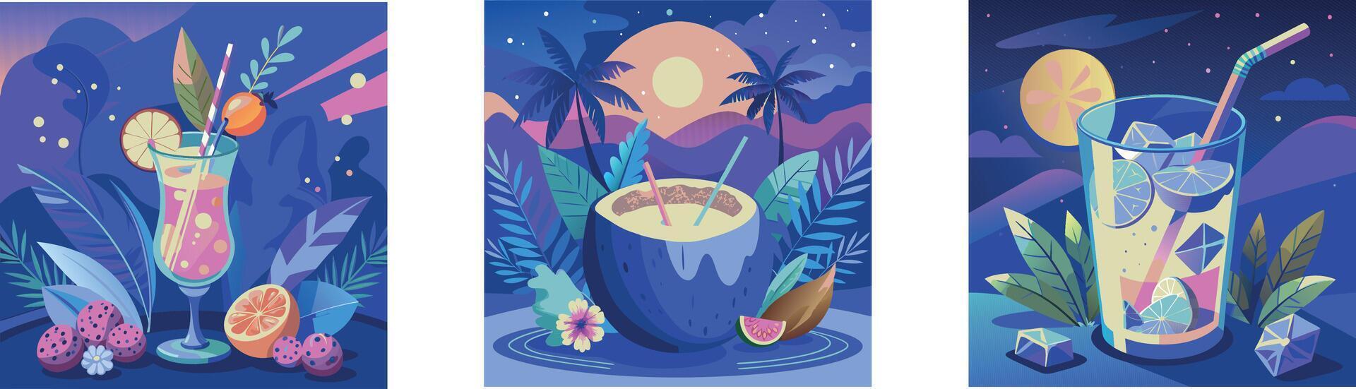 Collection of three paintings depicting tropical drinks in glasses and in coconut with straw and ice, blue sky, fruits and flowers in the background vector