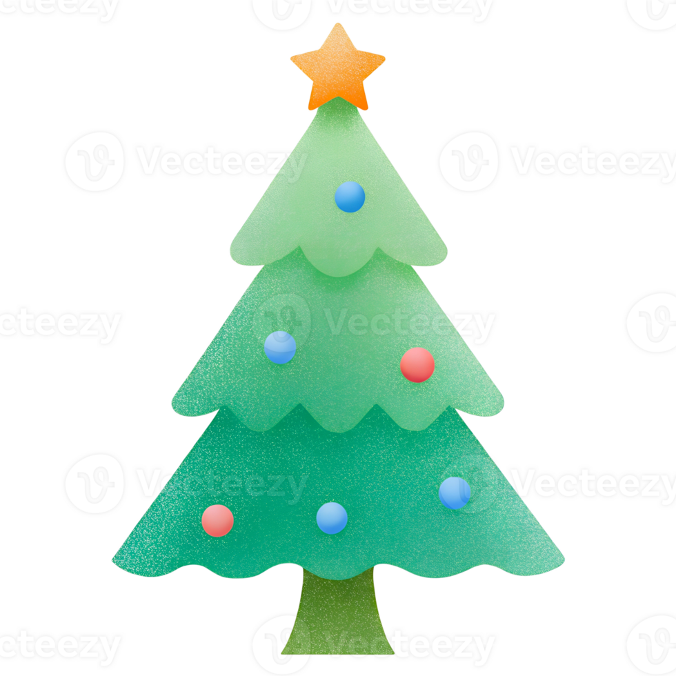 Green Christmas tree with a star on top. The tree is decorated and ready for the holidays, on a transparent background png