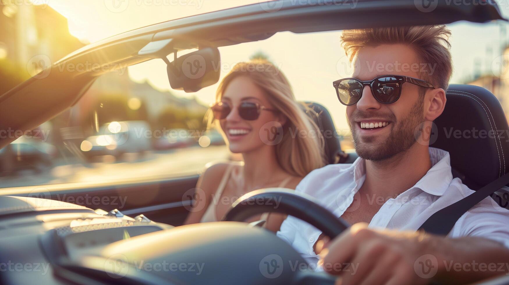 a man and woman in sunglasses are driving in a convertible car photo