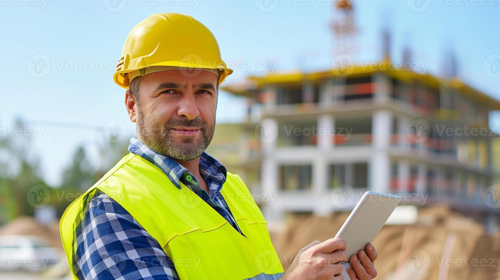 a man in a hard hat and safety vest holding a tablet photo