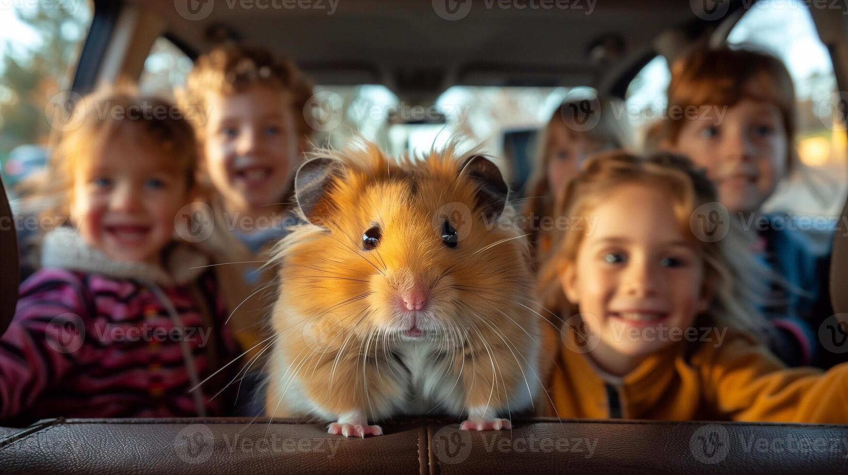 a hamster is sitting in the back seat of a car with children photo