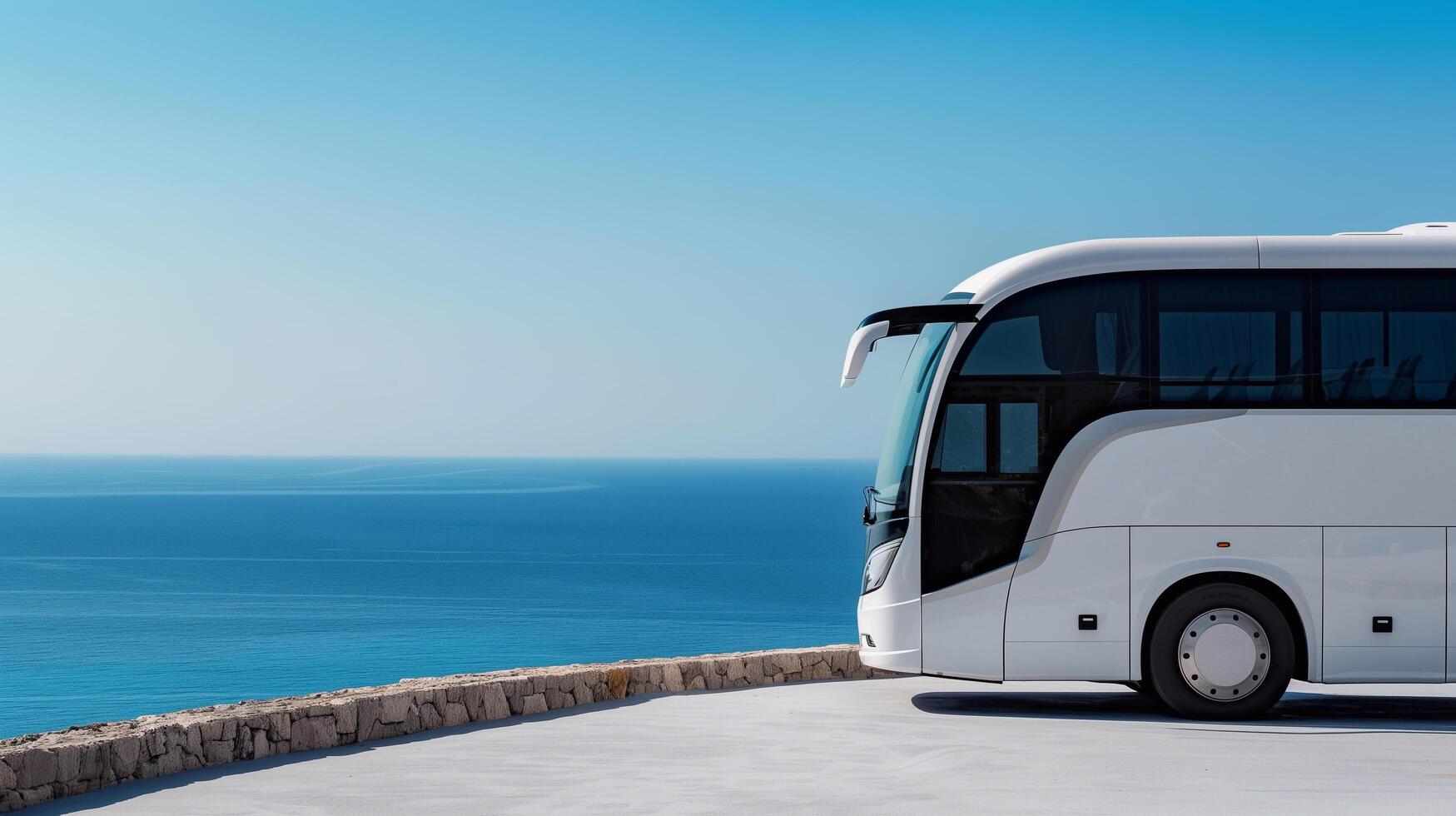 a white bus is parked on a road near the ocean photo
