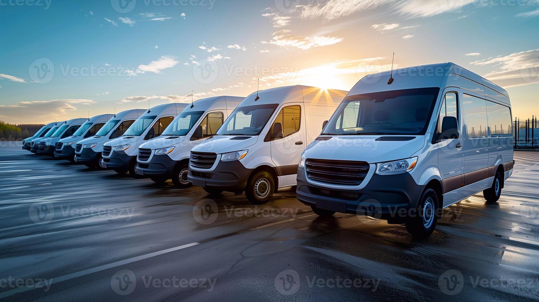 a row of white vans parked in a parking lot photo