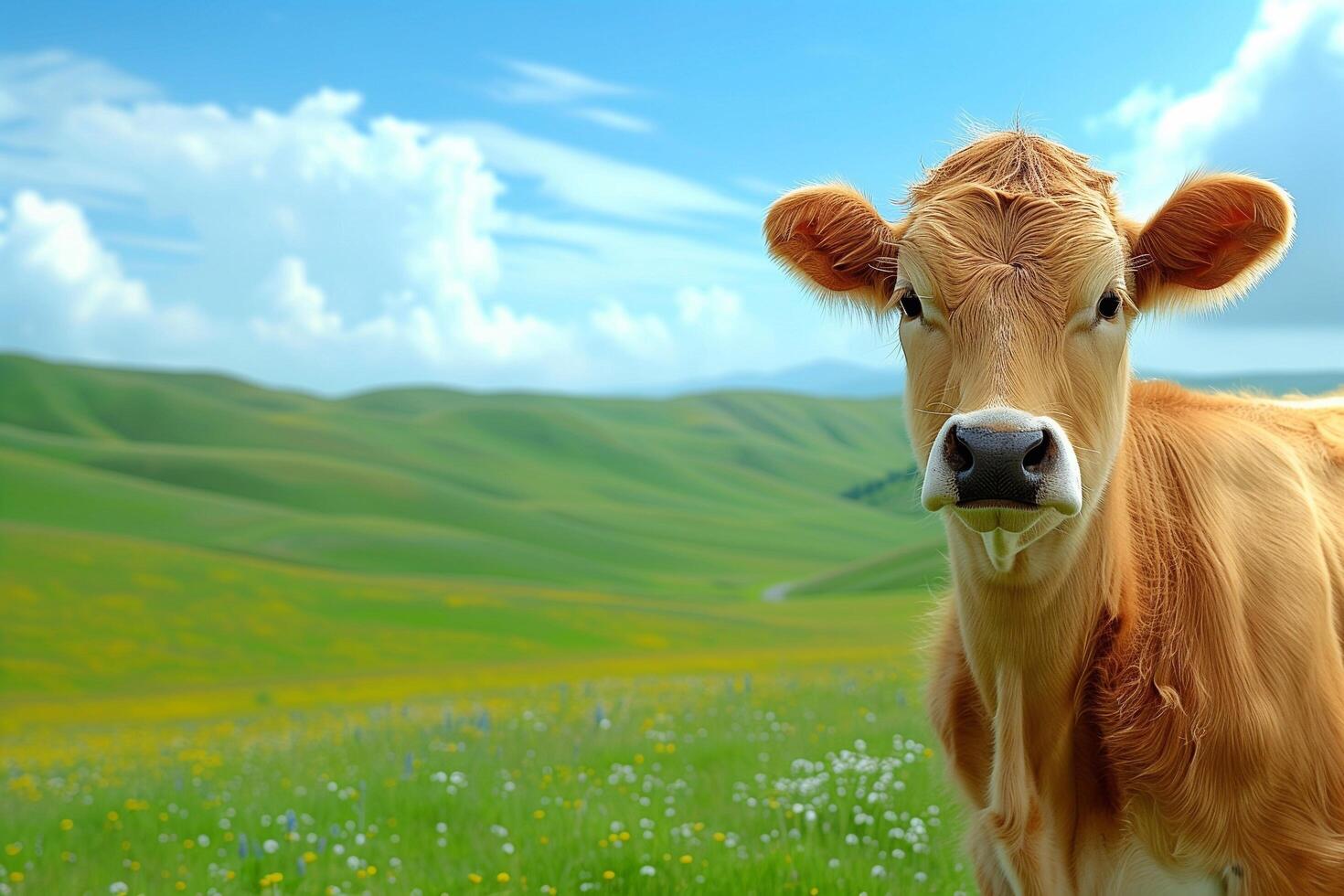 a cow standing in a field with grass and flowers photo