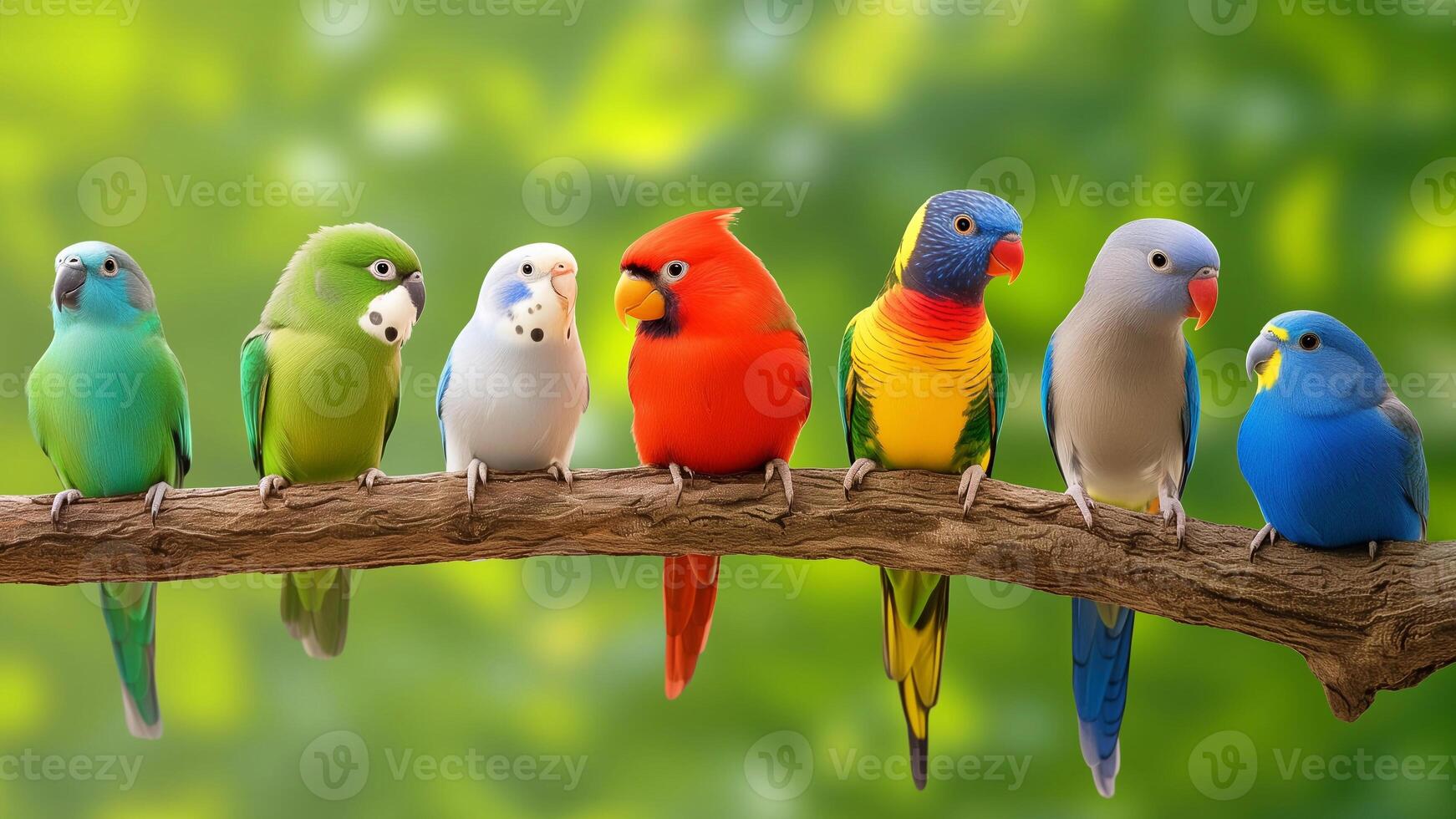 many colorful birds sitting on a branch photo