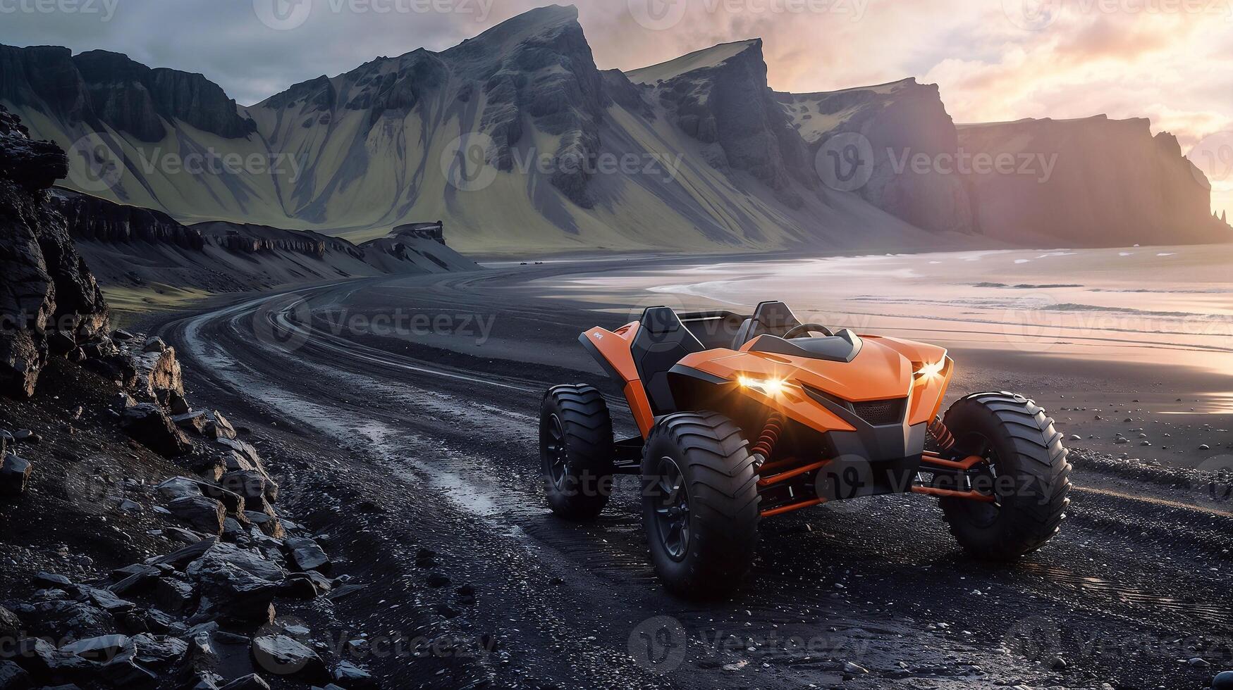 an orange quad bike driving on a dirt road photo
