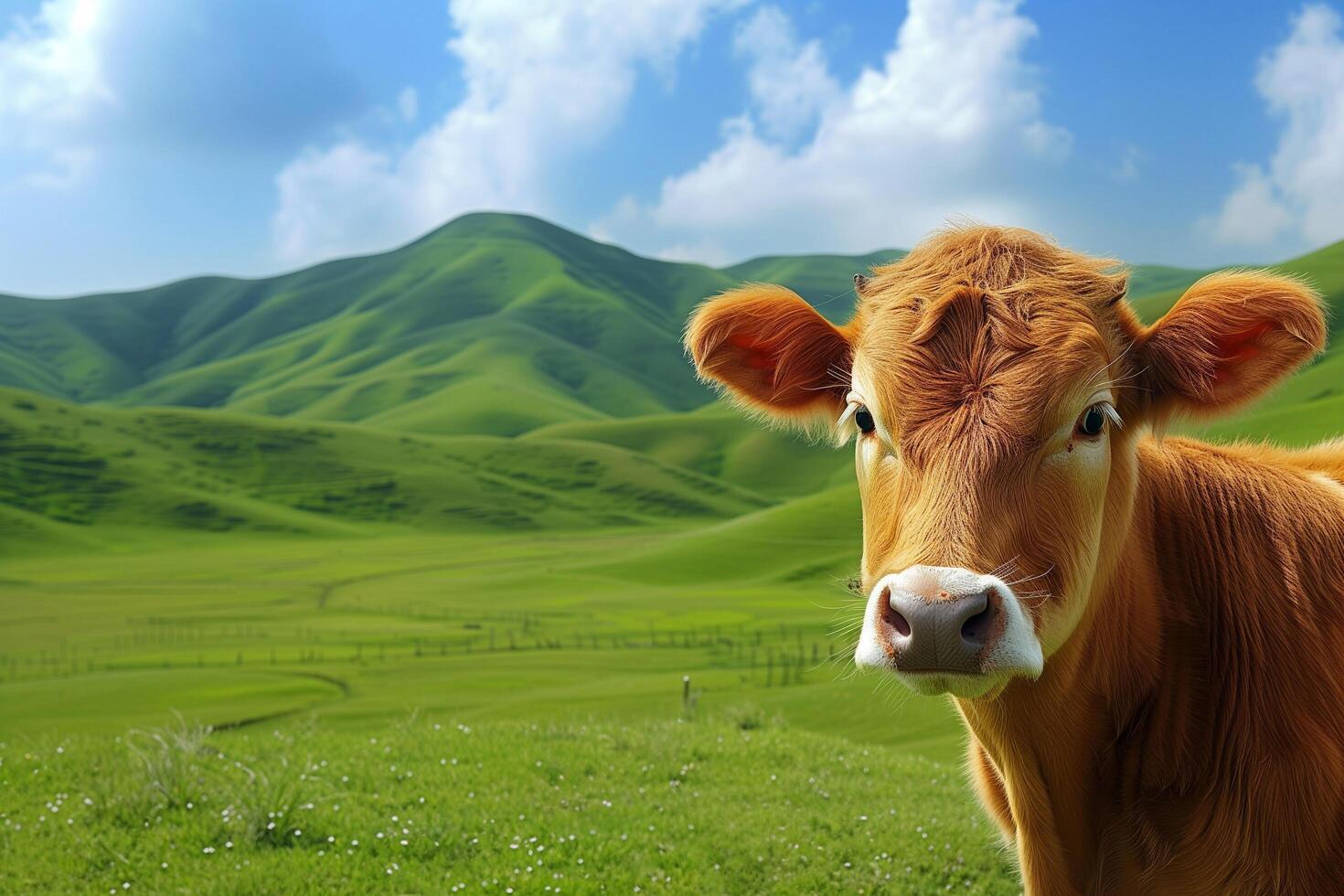 a cow standing in a field with hills in the background photo