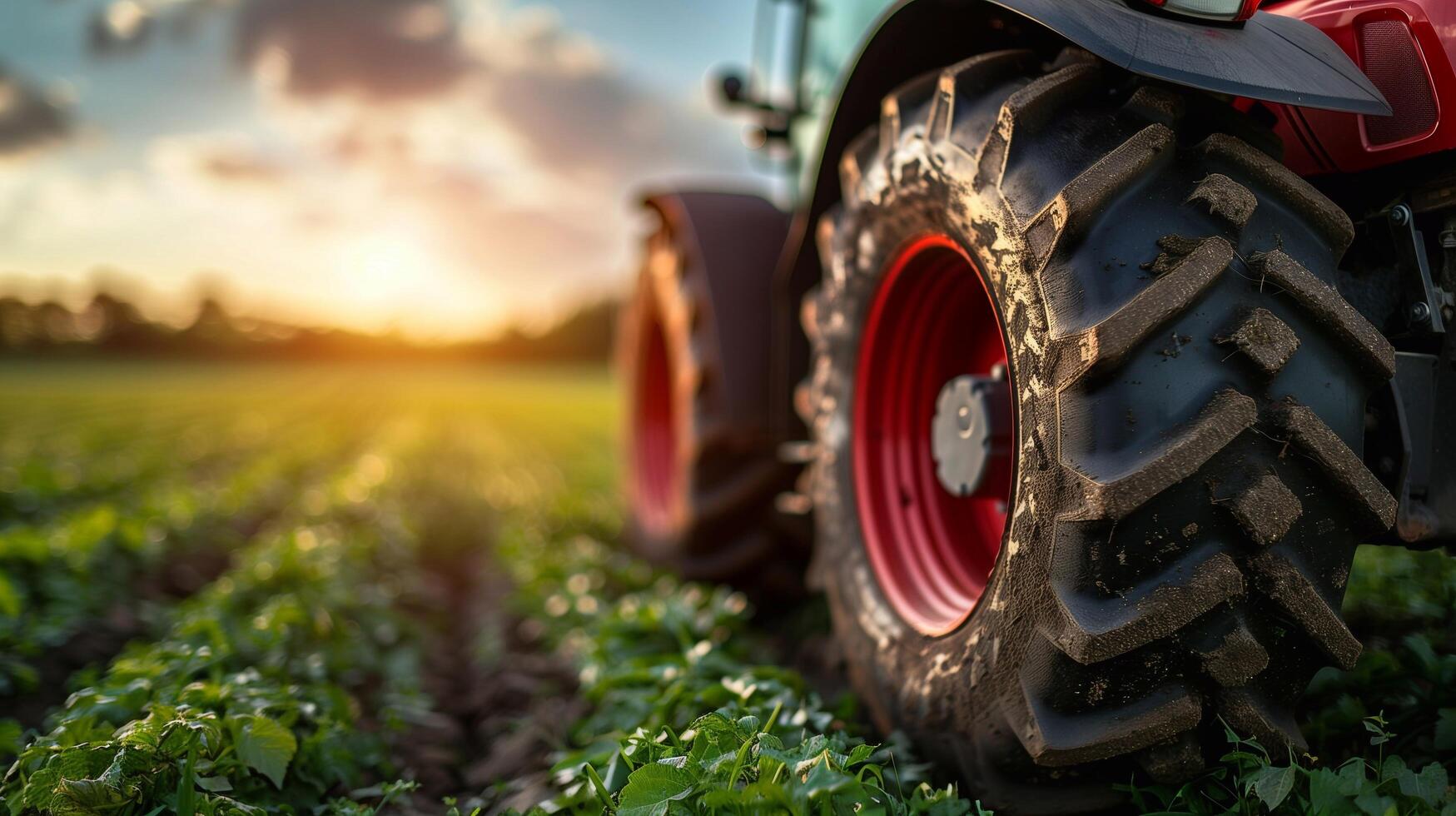 a tractor is parked in a field with the sun setting photo