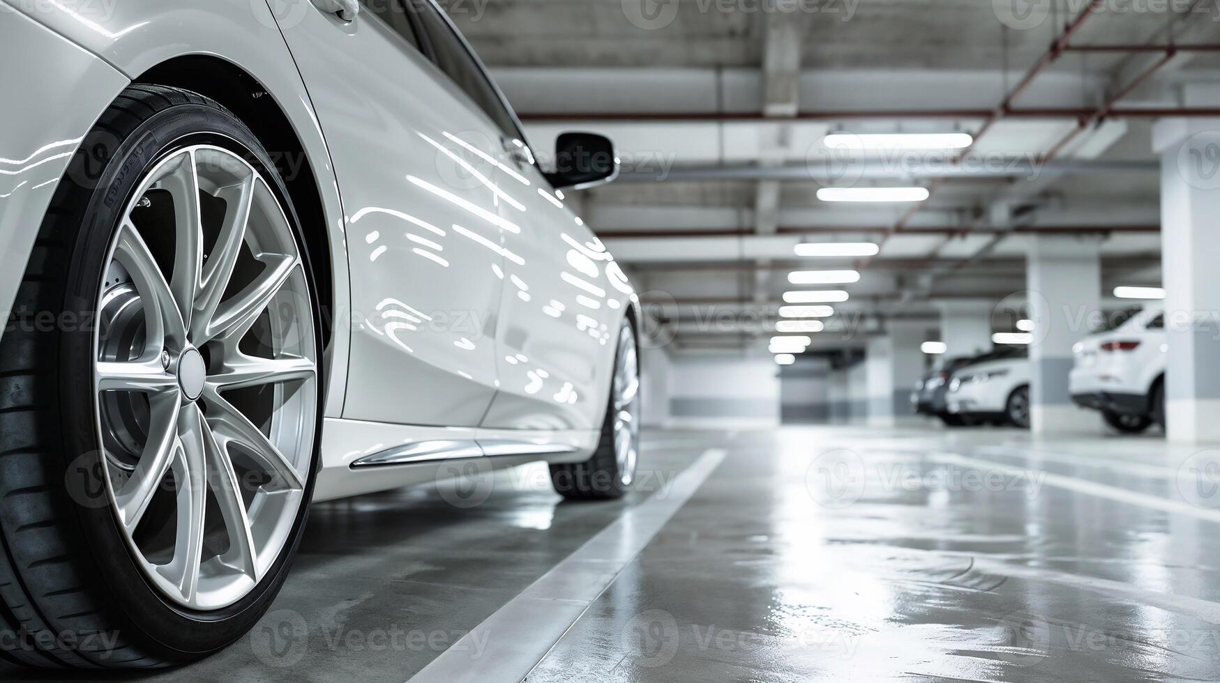 a white car is parked in a parking garage photo