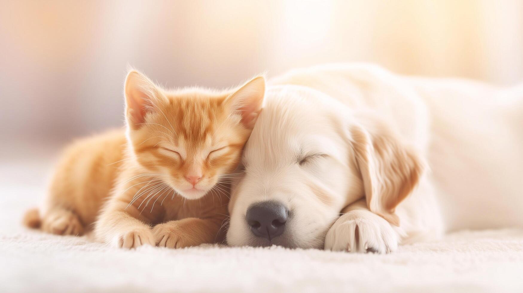 a dog and cat sleeping together on a white background photo