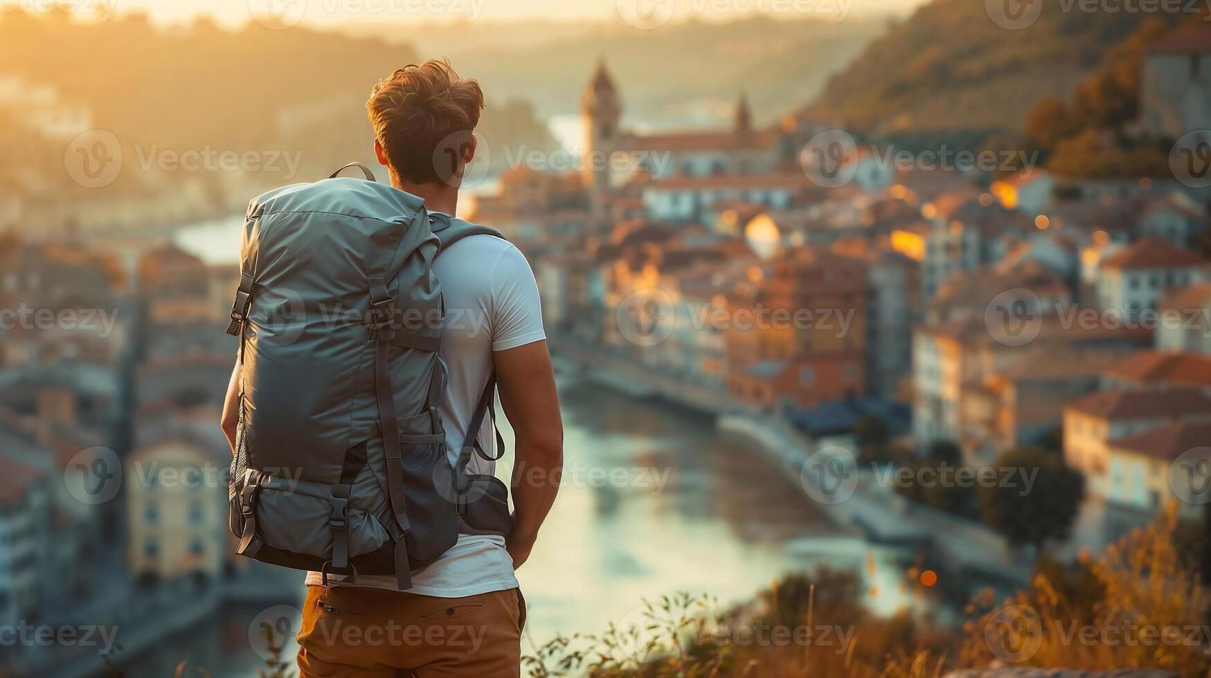 tourist with backpack looking at old Eoropean city with river and mountains photo