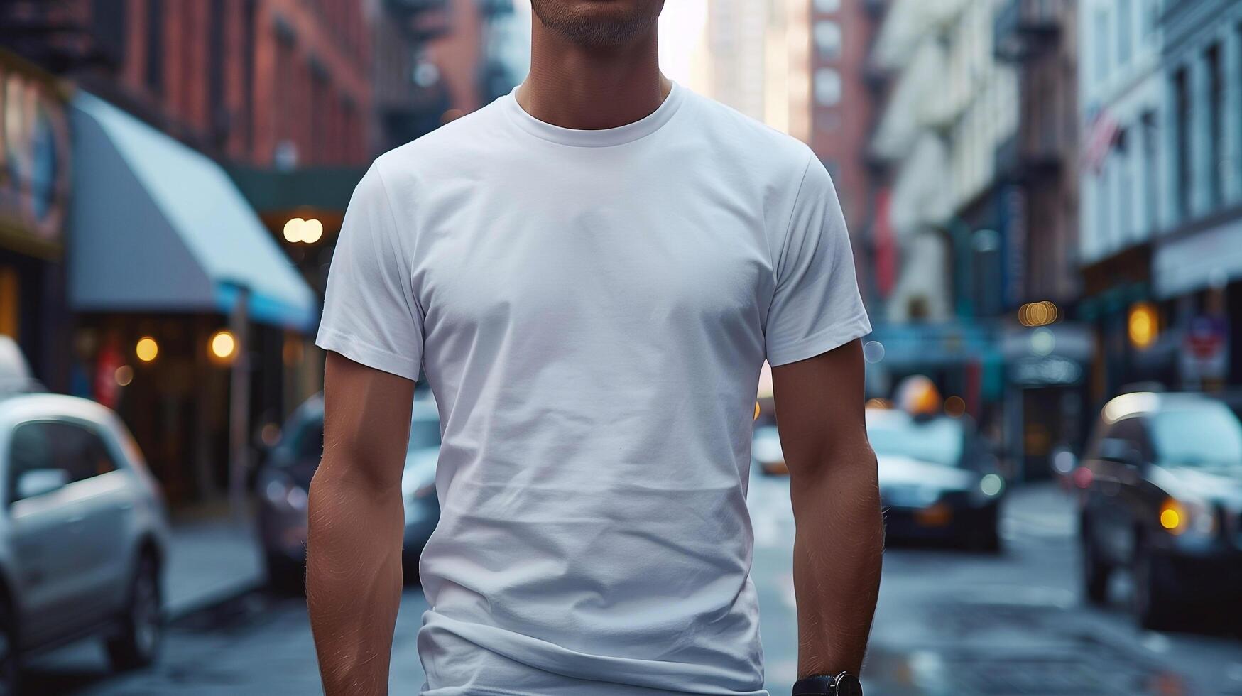 a man in a white t - shirt standing on a city street photo