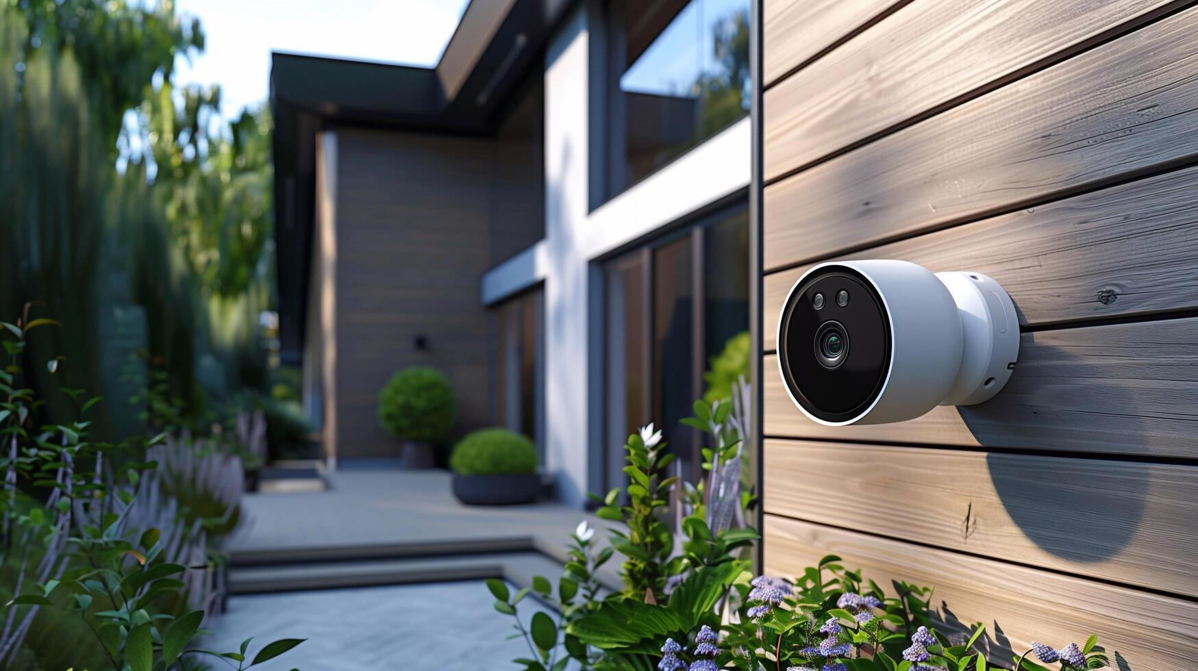 a camera mounted on a wall outside a house photo