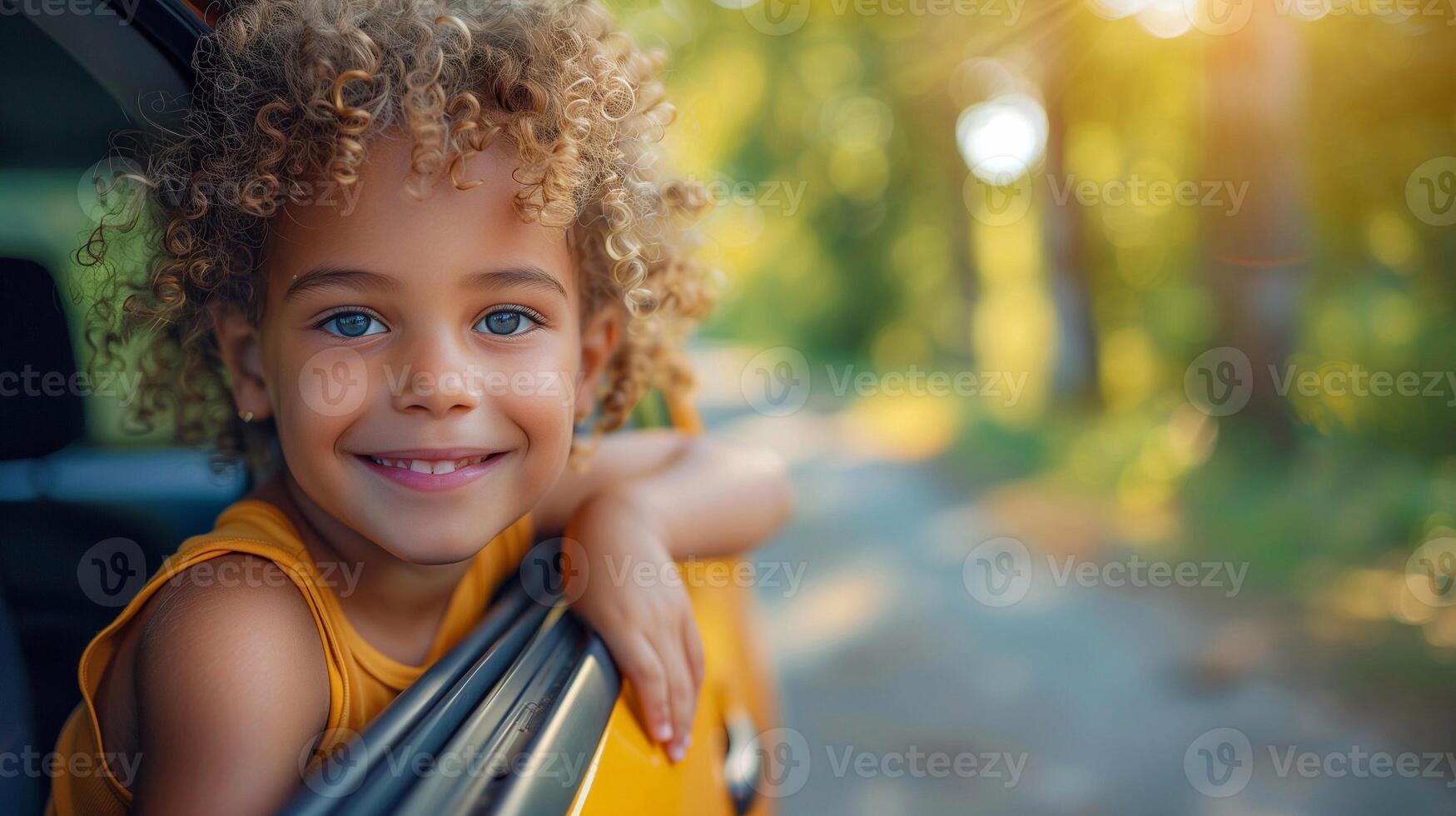 a little girl smiles while sitting in the back seat of a car photo