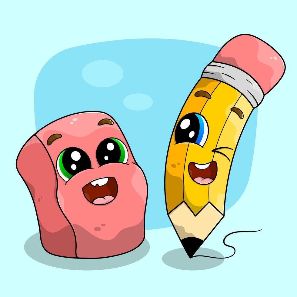 Kawaii pencil and eraser characters illustration. Happy expressions with big cartoon eyes. vector