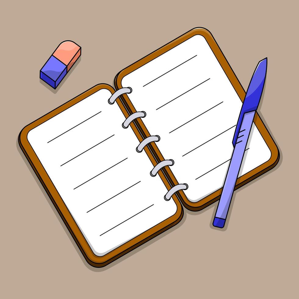 Top view resort notebook illustration with pen and eraser for writing. vector