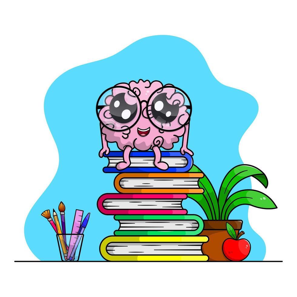 Adorable cartoon brain character with eyeglasses sitting on a stack of colorful books for reading. A pile of textbooks with a plant, an apple, and a cup of pencils and brushes. vector