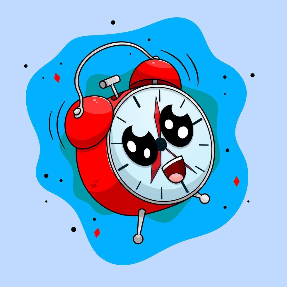 Adorable 3D red alarm clock illustration. Happy cartoon alarm clock character. vector
