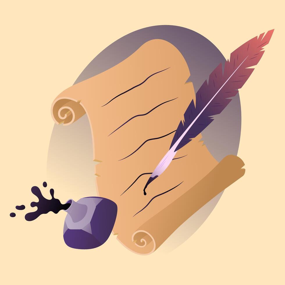 Ink with feather and roll of parchment. Illustration of writing Symbol of poetry and literature. Inkwell with an ancient scroll of paper. vector