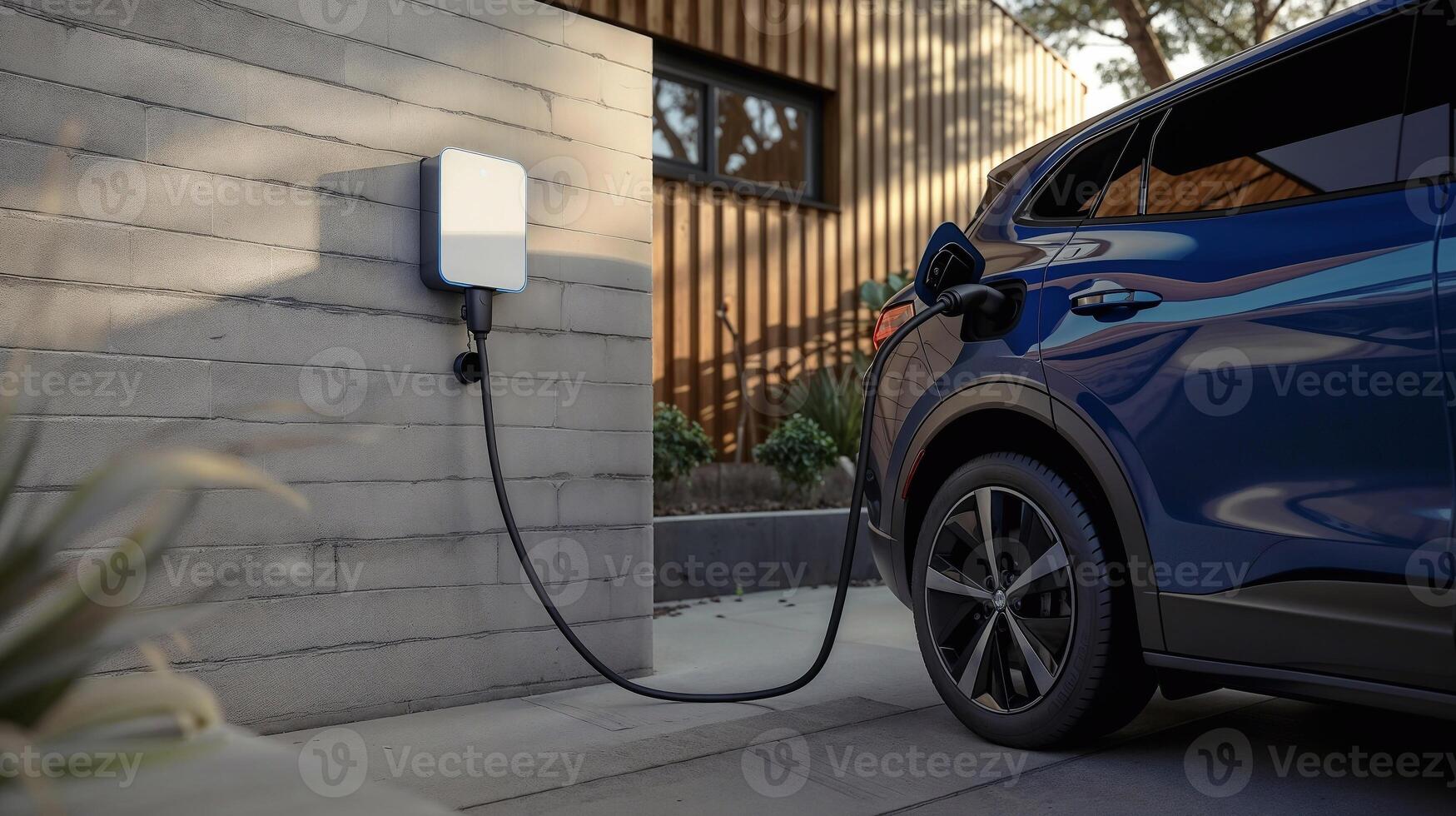 Modern blue electric SUV charging from the home power station photo