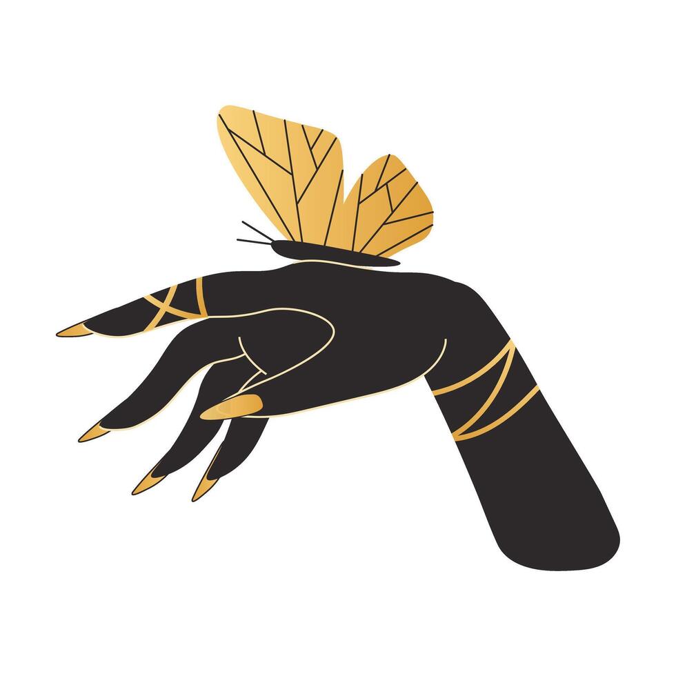 Witch's hand with long nails. Butterfly sits on woman's hand. element on white background in boho mysticism style vector